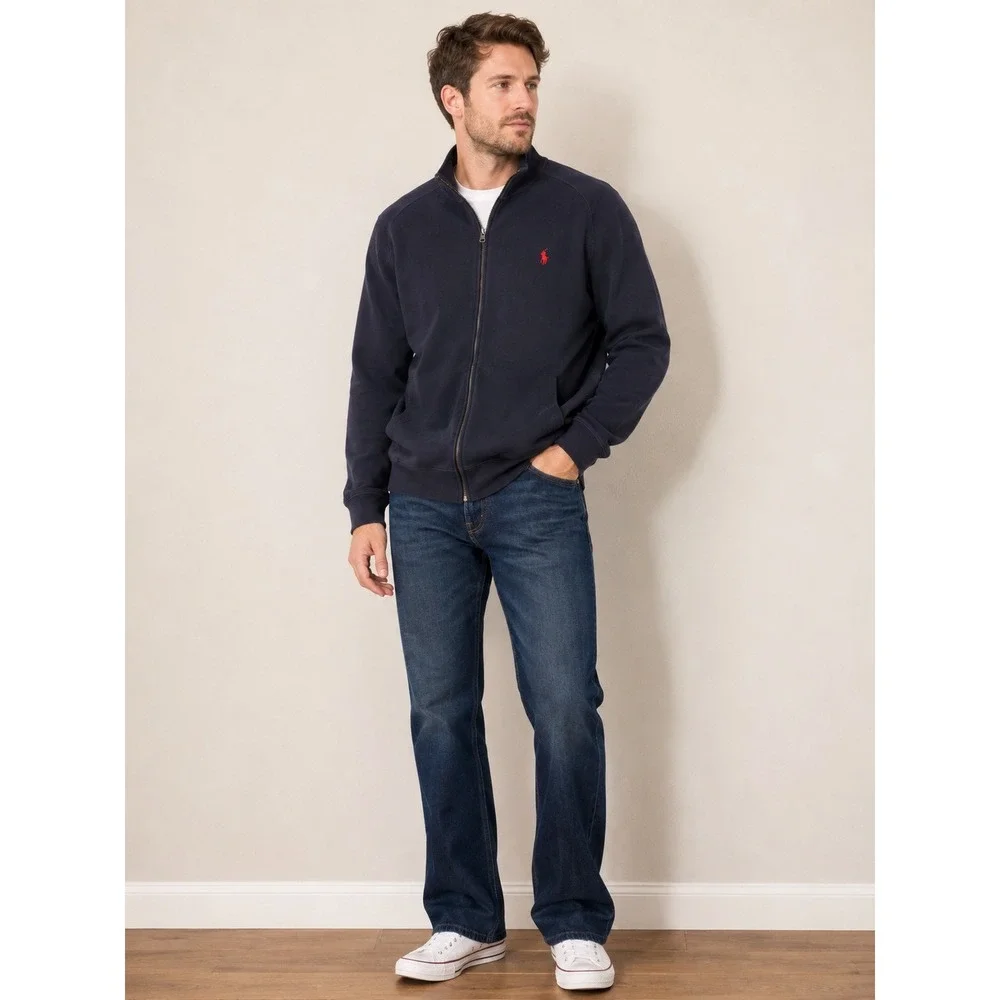 Polo Ralph Lauren Mens XL Navy Blue Full Zip Cotton Knit Mock Neck Sweater Pony